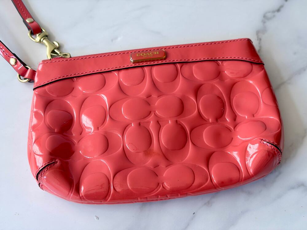 Coach Coral Patent Leather Wristlet, Embossed Signature C Logo, Gold Hardware